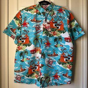 NWOT SSLR Men's Button Up Christmas Hawaiian Shirt Santa Claus Surfing Size L